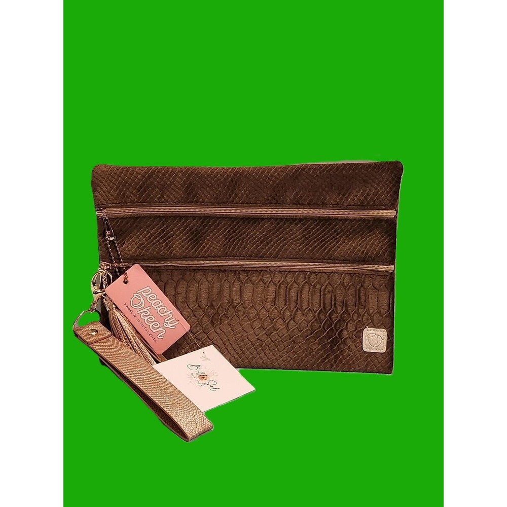 NWT Peachy Keen Versi Bag Brown Snakeskin Velvet Clutch Wristlet Rose Gold